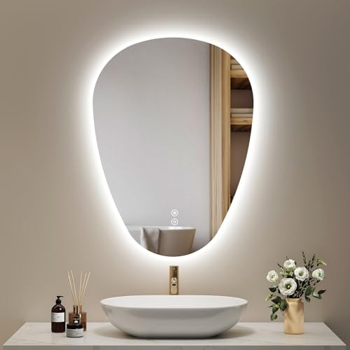 EMKE Badspiegel mit Beleuchtung 80 x 60 cm Asymmetrischer Spiegel mit Touch, 3 Lichtfarben Dimmbar, Beschlagfrei, Badezimmerspiegel mit Beleuchtung IP44 Energiesparend LED Badspiegel