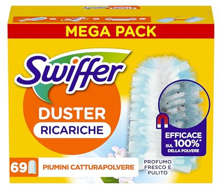 Swiffer Duster Piumini Cattura Polvere, 69 Piumini, Cattura e Intrappola Polvere e Sporco, Raggiunge I Punti più Difficili della Casa, Giga Formato