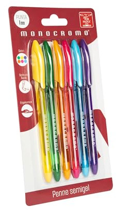 Pigna, Kugelschreiber mit Semi-Gel-Tinte, einfarbig, flüssiger Schreibzug, 6er-Set (rosa, violett, gelb, orange, blau, grün), elegantes Design, ideal für Schule und Büro