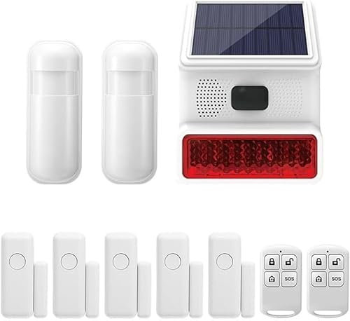 Solar Siren Alarm Security System für den Außenbereich,Wasserdichtes 433MHz Einbruchsalarmsystem für Gartenvillen,10er-Set mit PIR-Bewegungsmelder, Tür-/Fenstersensor und Fernbedienung
