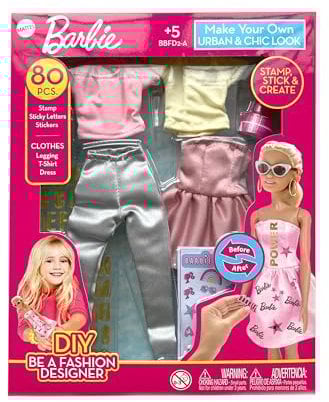 Barbie DIY Urban & Chic Fashion Designer Set – 80-Piece Custom Outfit Kit | Includes Dress, Tops, Leggings, Gold Letters, Stickers & Stamp | Creative Barbie Fashion Toy for Kids Ages 5+
