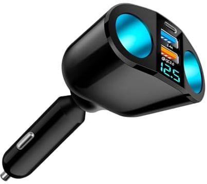 5 In 1 Car Charging Double USB Port USB C Quick Charge Power Splitter Adapter with Blue LED Light for Cell Phone