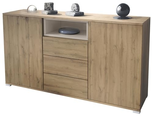 Vladon Skadu V2 Sideboard, Kommode mit 2 Türen, 3 Schubladen und 1 offenem Fach, Eiche Evoke/Sandgrau Hochglanz (138,5 x 75,5 x 35 cm)