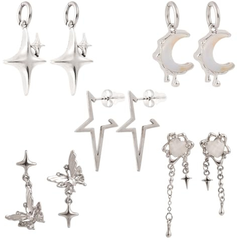 5 Paar Y2K-Ohrringe für Damen, Silberne Goth-Punk-Ohrringe in Stern-Mond-Schmetterlingsform Y2K-Schmuck für Damen Schmuckgeschenk