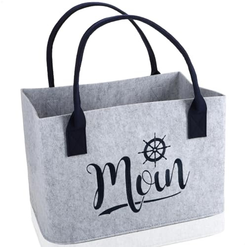 com-four® Filz-Shopper mit Henkel - Filztasche mit maritimem Spruch für Strand, Einkauf & Freizeit - faltbarer Aufbewahrungskorb aus Filz - Kaminholz-Tasche 40 x 26 cm (1x hellgrau - Moin)