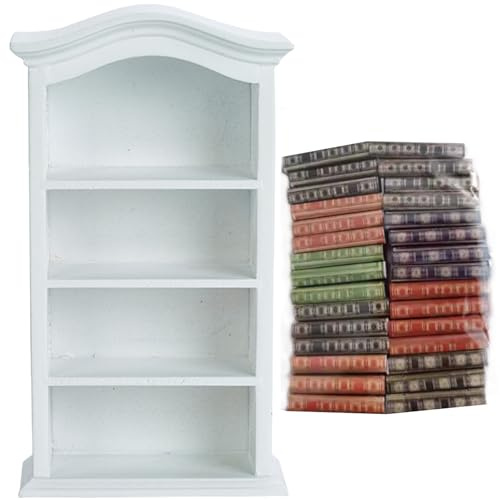 Puppenhaus-Bücherregal mit 30 Büchern, Miniatur-Bücherregal aus Holz, 4 Etagen, Mini für Puppenhaus-Möbel, Zubehör, Weiß...