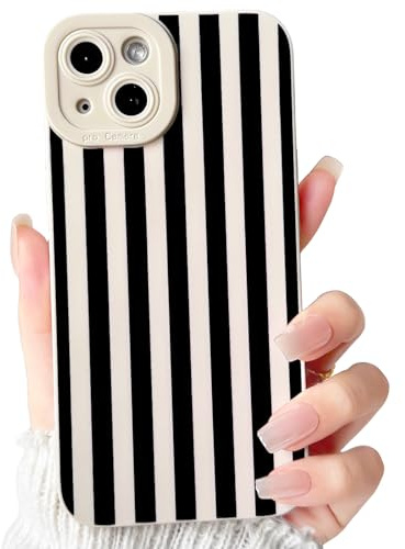 NITITOP Compatible with iPhone 14 Plus Case Cute Striped - White Black | for Women Girls Men Boys, Line Stripes Pattern, Soft TPU Shockproof Cover, Full Camera Protection
