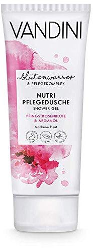 VANDINI Nutri Pflege Duschgel Damen mit Pfingstrosenblüte & Arganöl - Pflegedusche für trockene Haut - veganes Shower Gel für Frauen ohne Silikone, Parabene & Mineralöl (1x 200 ml)