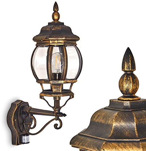 Außenwandleuchte Lentua m. Bewegungsmelder, Wandlampe aufwärts in antikem Look, Aluguß in Braun/Gold m. Kunststoff-Scheiben, Wandleuchte für Terrasse/Hof m. E27-Fassung, max. 60 Watt, Retro/Vintage