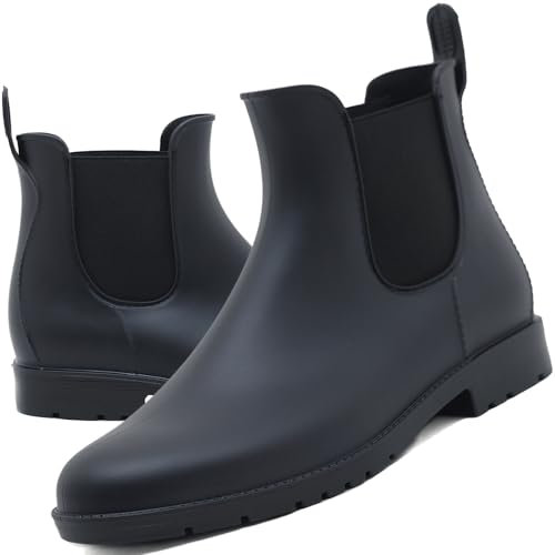 Acfoda Gummistiefel Damen Kurzschaft Regenstiefel Wasserdicht Lack Regenschuhe Frauen Gummistiefeletten Ankle Chelsea Boots mit Blockabsatz Schwarz Gr.38