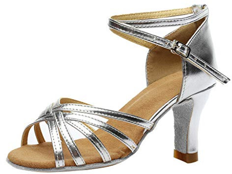 Deloito Damen Mode Elegant Ballsaal Tango Latein Salsa Tanzschuhe Party Hochzeit Sozial Pailletten Schuhe Weicher Boden Spitze Absätze Tanzschuh (38 EU, Silber-G)