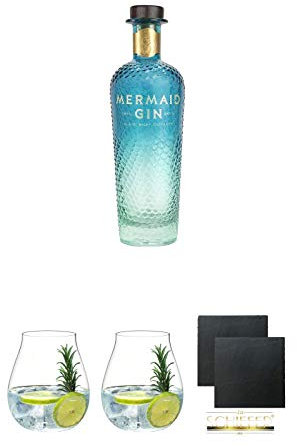 Mermaid Gin Isle of Wright 0,7 Liter + Gin Tonic Glas - 5414/67 + Gin Tonic Glas - 5414/67 + Schiefer Glasuntersetzer eckig ca. 9,5 cm Ø 2 Stück