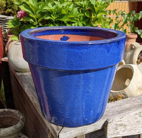 terracotta-toepfe-de Robuster Blumentopf 28 cm Durchmesser, blau glasiertes winterfestes Steingut Garten Deko Blumenkübel Pflanztopf Steinzeug