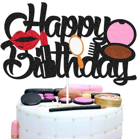 Makeup Cake Topper Happy Birthday Sign Cake Decorations for Girl Women Female Makeup Spa Themed Birthday Party Supplies Black Glitter Decor