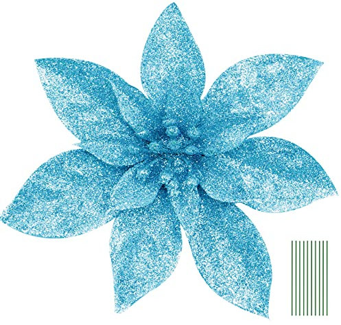 Yueshop 10 Pcs Glitter Christmas Flowers with Artificial Poinsettia Flower Christmas Tree Flower Decorations Xmas Tree Ornaments (Blue, 15CM)