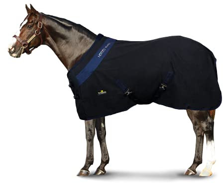 Horses, Stalldecke aus Baumwolle, Modell Maddy 2, leicht und atmungsaktiv, für Frühling und Sommer, mit Riemen und Schweiflasche, Größen (155 cm, schwarz/blau)