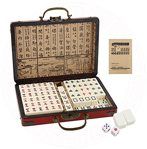 Dyna-Living Mini Chinese Mahjong Set, Solid Structure Easy To Read Mah Jongg Game, 144PCS Mahjong Tiles, 2PCS Dice & Leather Carrying Case Box, Complete Majong Game Set for Travel, Party, Family