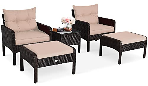 COSTWAY 5PCS Rattan Garden Furniture Set, 4-Seater Cushioned Sofa Chair with Glass Top Coffee Table and Footstool, Outdoor Patio Porch Balcony Wicker Table Chairs Set (Brown+Tan)