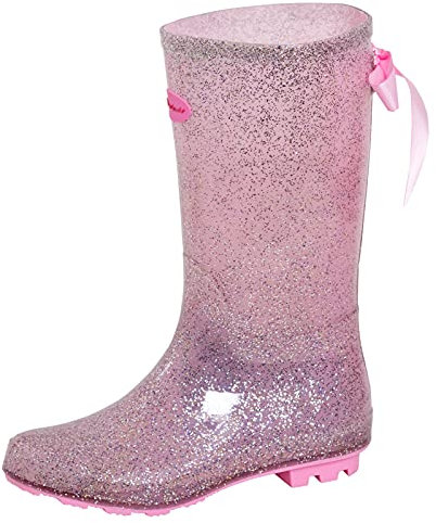 Dolcis Rose Paillettes Filles Bottes de Pluie avec Noeud Ruban Bottes de Pluie pour Femmes Dames Bottes de Pluie Chaussures de Pluie Neige, Rose, 34 EU