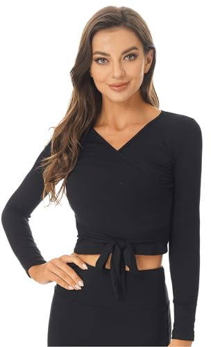 inhzoy Femmes Cache-Coeur de Danse Classique Veste de Ballet Hauts de Danse Manches Longues au Crochet Hauts de Danse Col V Bandage Manteau Cardigan T-Shirt Casual S-XXL Noir S