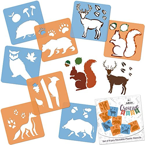 NAKLEO Schablonen Malen für Kinder, 8 Stück Set 15x15cm Waldtiere, Kinder Kreatives Zeichenschablonen, Kunststoff Wiederverwendbar Malschablone DIY Handwerk, Papier Wand Holz Stoff