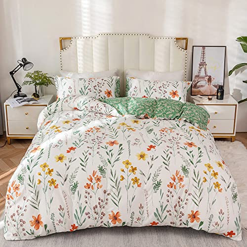 Luofanfei Bettwäsche 135x200 Baumwolle Blumen Weiß Grün Wende Bettwäsche Set Floral Bunt 2 teilig Bettbezug Einzelbett 135x200cm und 1 Kissenbezug 80x80 cm mit Reißverschluss Weich und Bügelfrei