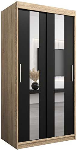 MEBLE KRYSPOL Pole 100 Schlafzimmerschrank mit Zwei Schiebetüren, Spiegel, Kleiderstange und Regalen – 100x200x62cm - Sonoma + Mattschwarz