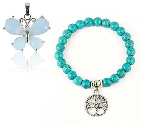 soulnioi Natural Healing Crystal Bracelet Turquoise Gemstones Bead Bracelet with Tree of Life Pendant and Opal Crystal Butterfly Necklace Pendant for Yoga Reiki Meditation Gift