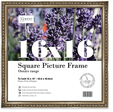 Almost Frameless 16x16 Gunmetal Ornate Picture Frame 16x16(40.6x40.6cm) Poster, Photo, Artwork, or Print. Opulent Style Portrait and Landscape Display with Wall Hooks