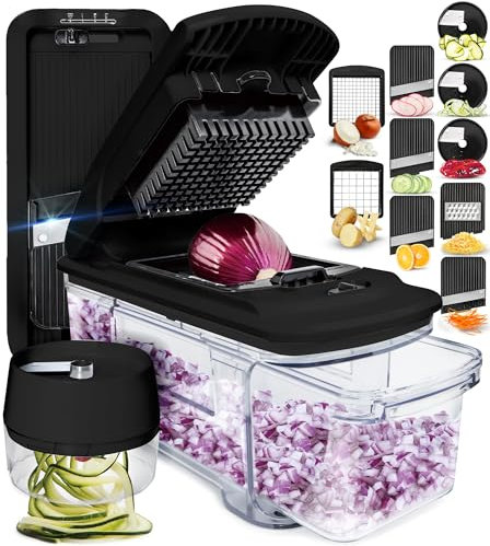Gemüseschneider Mandoline Gemüsehobel - Gemüse Schneider Gurkenhobel Zwiebelschneider Kartoffelschneider Obstschneider - Reibe für Gemüse und Käse - Julienneschneider (Alles-in-1 Schwarz)
