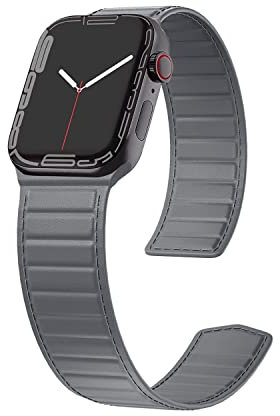 LKEITY Kompatibel mit Apple Watch Armband 49mm 45mm 41mm 44mm 42mm 40mm Schlaufe Magnet Leder Link Loop Ersatzband Uhrenarmband, Magnetisch Lederarmband für iWatch Series 8/SE/SE2/7/6/5/4..Damen Grau
