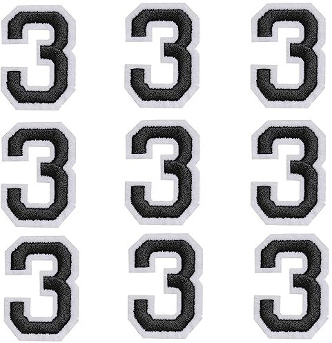 GYGYL Iron on Number Patches, 9PCS of 2 Inch Black Number 3 Patches, Embroidered Number Patch for Clothes, Dress, Hat, Socks, Jeans, DIY Accessories