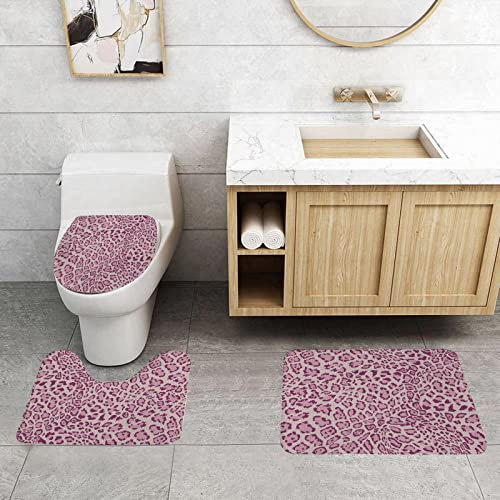 BOMEKS Badteppich-Set 3-teilige,rutschfeste, Tier-Tier-Tier-Leopard-Haut-Muster Mädchenhaft Feminin Design Illustrationatin,Pink,rutschfeste Badematte, U-förmiger Konturteppich und Toilettendeckel