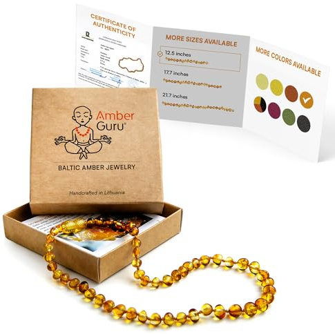 Amber Guru Baltic Amber Necklace (Authentic, Certified) - 12.5 inches - Unisex Jewelry - Honey Color - Polished Real Amber Beads - Proud to Deliver Genuine Baltic Sea Wonder - Handmade