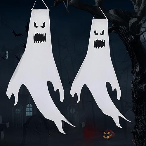 LGZIN 2 Stück Halloween Geist Windsock, Halloween Geist Flagge, Ghost Face Windsäcke Flagge, Halloween Geist Hängend Deko, 130CM Hängen Ghost Windsäcke Dekoration für Vorgarten Patio Rasen Garten