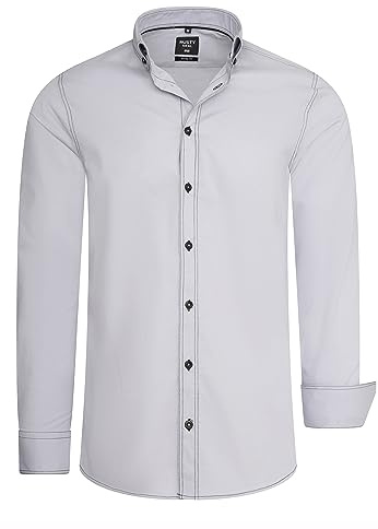 Rusty Neal Herren-Hemd Premium Slim Fit Langarm Stretch-Hemd mit Kontrast-Naht Freizeithemd 024, Farbe:Grau, Größe S-3XL:L