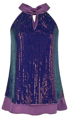JASAMBAC Top da donna con paillettes glitterate, senza maniche, con foro della serratura e nodo, Viola iridescente – Senza maniche, XXL