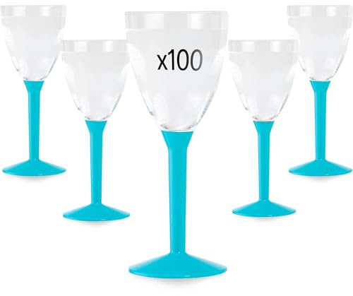 Table'Colors Lot de 100 Verres A Pied Plastique Lavable et Reutilisable - Emboitage Parfait, Grande Stabilité, Idéal Mariage, Anniversaire, Réceptions - Contenance 16cl (Turquoise)