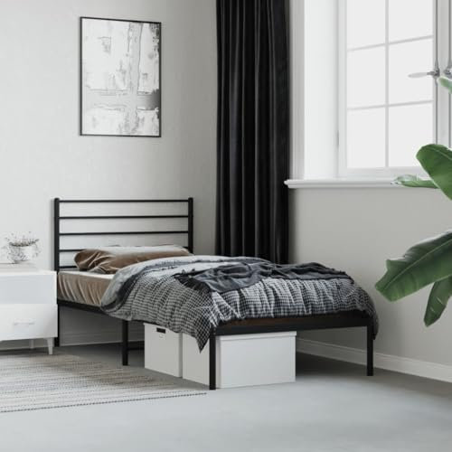Annlera Bettgestell mit Kopfteil Metall Schwarz 100x200 cm Bettgestell Bed Frame Bettrahmen Metallbett Jugendbett