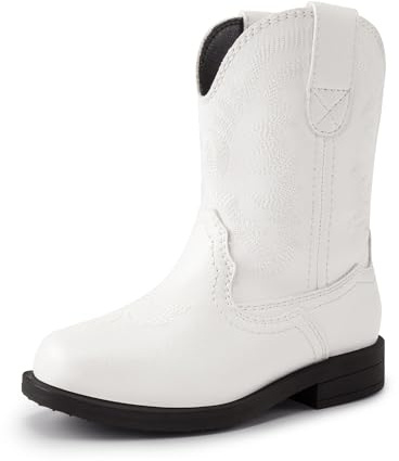 DREAM PAIRS Stivali da cowboy per bambini, con punta quadrata in stile western, a metà polpaccio, Bianco, 11 Little Kid