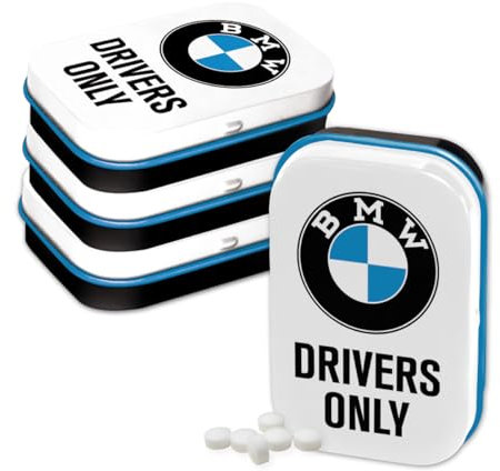 Nostalgic-Art Retro Pillendose, 4 x 6 x 1,6 cm, BMW – Drivers Only White (4er-Set) – Geschenk-Idee für BMW Accessoires Fans, Original Lizenzprodukt (OLP), mit Pfefferminz-Dragees, Vintage Design