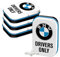 Nostalgic-Art Retro Pillendose, 4 x 6 x 1,6 cm, BMW – Drivers Only White (4er-Set) – Geschenk-Idee für BMW Accessoires Fans, Original Lizenzprodukt (OLP), mit Pfefferminz-Dragees, Vintage Design