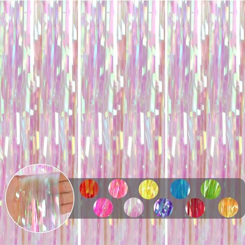 3pcs Tinsel Curtain Holographic Transparent Glitter Foil Door Curtain Party Backdrop,3.2x6.5ft Iridescent Foil Fringe Curtain Party Streamer Shimmer Curtain Backdrop Decoration for Birthday Xmas Party
