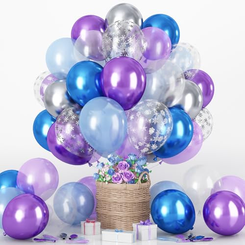 Set di 60 palloncini a forma di fiocco di neve Frozen, 30 cm, blu pastello, viola chiaro, argento metallizzato, palloncini con coriandoli trasparenti a forma di fiocco di neve, per feste a tema neve e