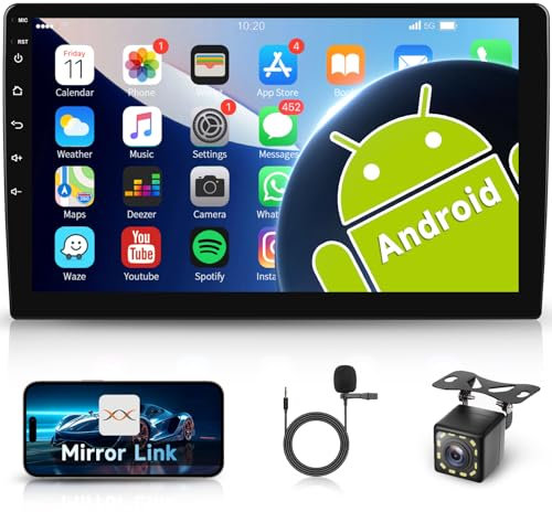 Hodozzy Android 2 DIN Radio de Coche con Navegación GPS, Pantalla Táctil de 9 Pulgadas con Mirrorlink para Android/iOS,Pantalla Multimedia para Coche 2 DIN Bluetooth WiFi Radio FM + Cámara