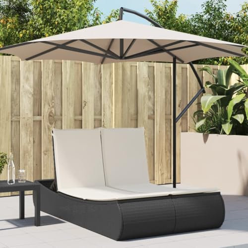 Rantry Transats de jardin, chaise longue double avec coussins noir en polyrotin, chaises longues, canapé-lit meubles, lit de piscine, lit de jardin