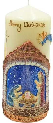 Dekohelden24 Vela XXL Hecha a Mano en 3D, Vela del Altar, Vela de Nacimiento de Cristo, Vela Cristiana con elaborada decoración de la Sagrada Familia en Color Crema, tamaño: 8 x 20 cm (Ancho x Alto
