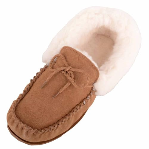 ABSOLUTE FOOTWEAR Womens Wool Lined Suede Moccasin, Wool Cuff and Hard Sole
