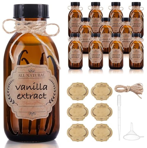 12 Pack 4 oz Amber Boston Glass Bottle with Cap, Empty Brown Glass Bottles for Homemade Vanilla Extract, Essential Oils, Juice, Potion, Syrup, Liquids, Christmas, Holiday Gift (Amber)