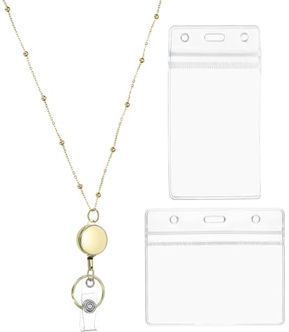 PATIKIL Collier Porte-Badge avec Porte-Identifiant Ton Or | Chaîne de Reel de Badge Rond Rétractable, 304 Acier Inox, avec 1 Ensemble de Porte-Identifiant, pour Femme de Bureau Clé
